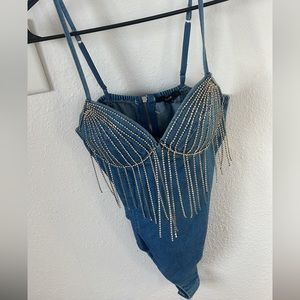 Western denim body suit with fringe